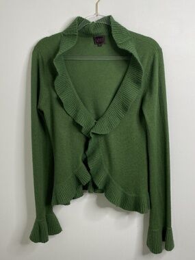 Color Works Green Knit Angora/Wool Open Front Cascade Cardigan Sz M Y2K 2000's